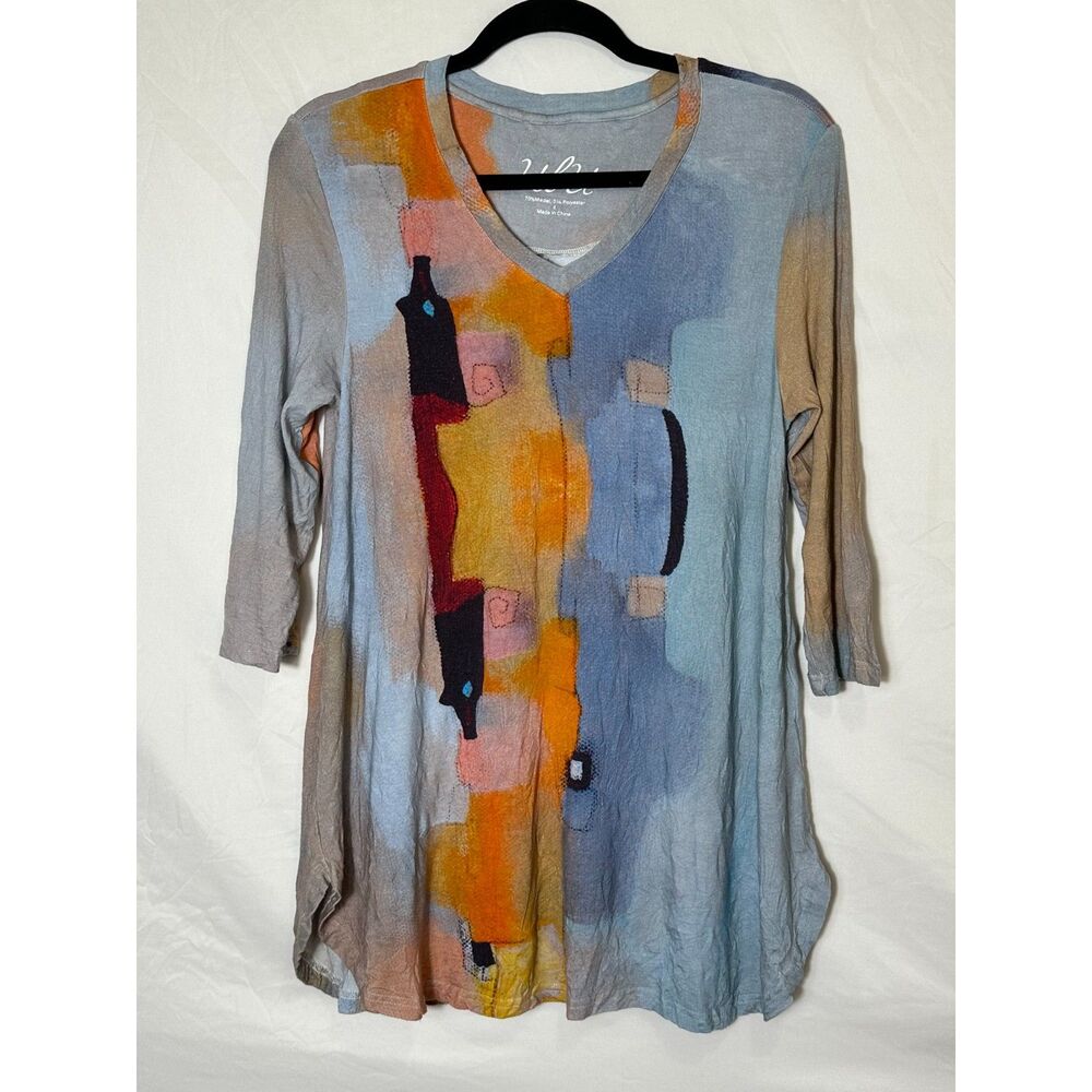 ubU Women's Slub Knit Crinkle Abstract Print 1/2 Sleeve V-Neck Tunic Top Size S